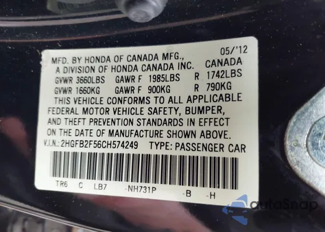 2012 Honda Civic Lx из США, поврежденный, VIN 2HGFB2F56CH574249